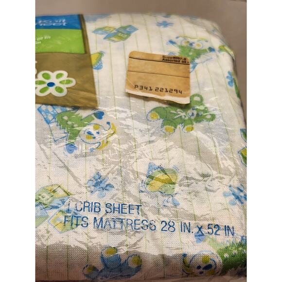 Vintage Toddletime Fitted‎ Knit Crib Sheet ABCs Bears Toys Blue Green Pinstripe - Picture 3 of 4